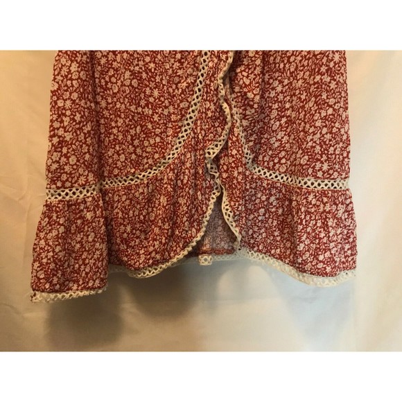 Maeve Quinn Top Red & White Floral Crochet Trim Ruffled Hem Layer Openback XS - Picture 9 of 14